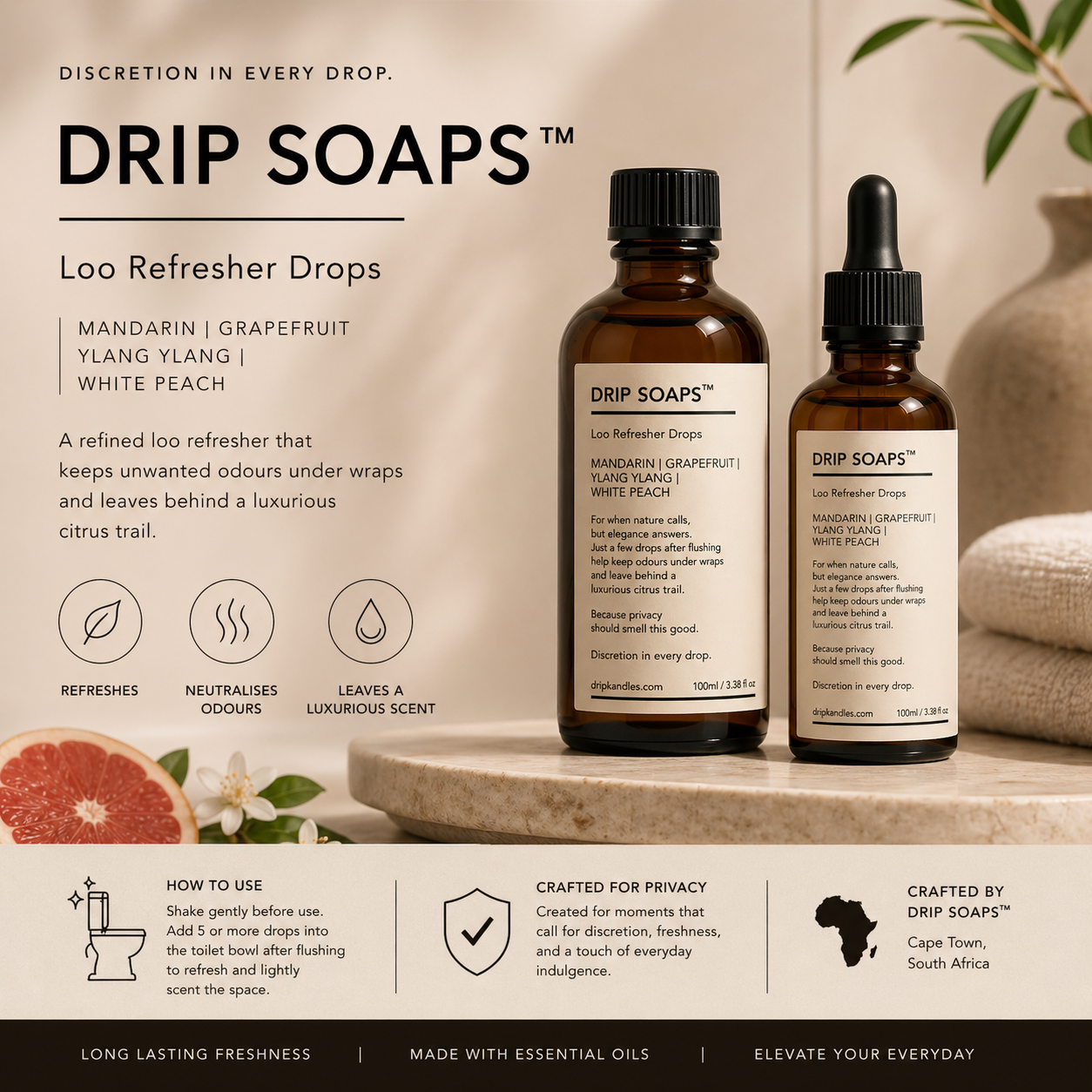 DRIP SOAPS bottle on a bathroom counter
